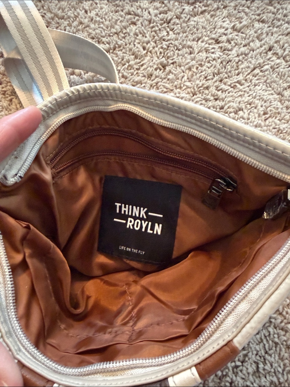 THINK ROYLN Ivory Quilted Crossbody with Brown and Tan Stripes - Picture 5 of 5